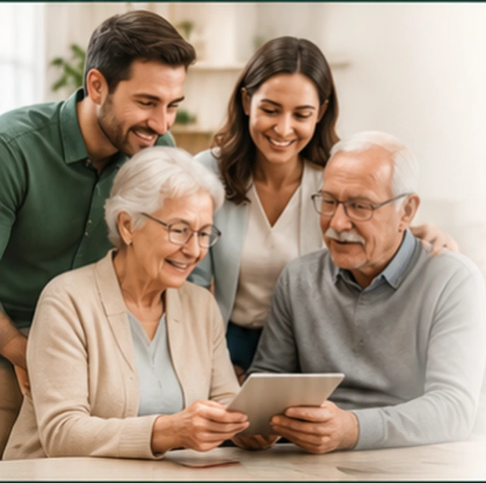 Família reunida com pais idosos, sorrindo e utilizando um tablet
